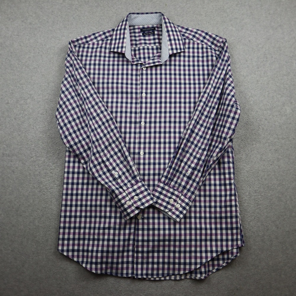 Tailorbyrd Dress Shirt Mens 16.5 32/33 Trim Fit Navy Purple Gingham Non Iron